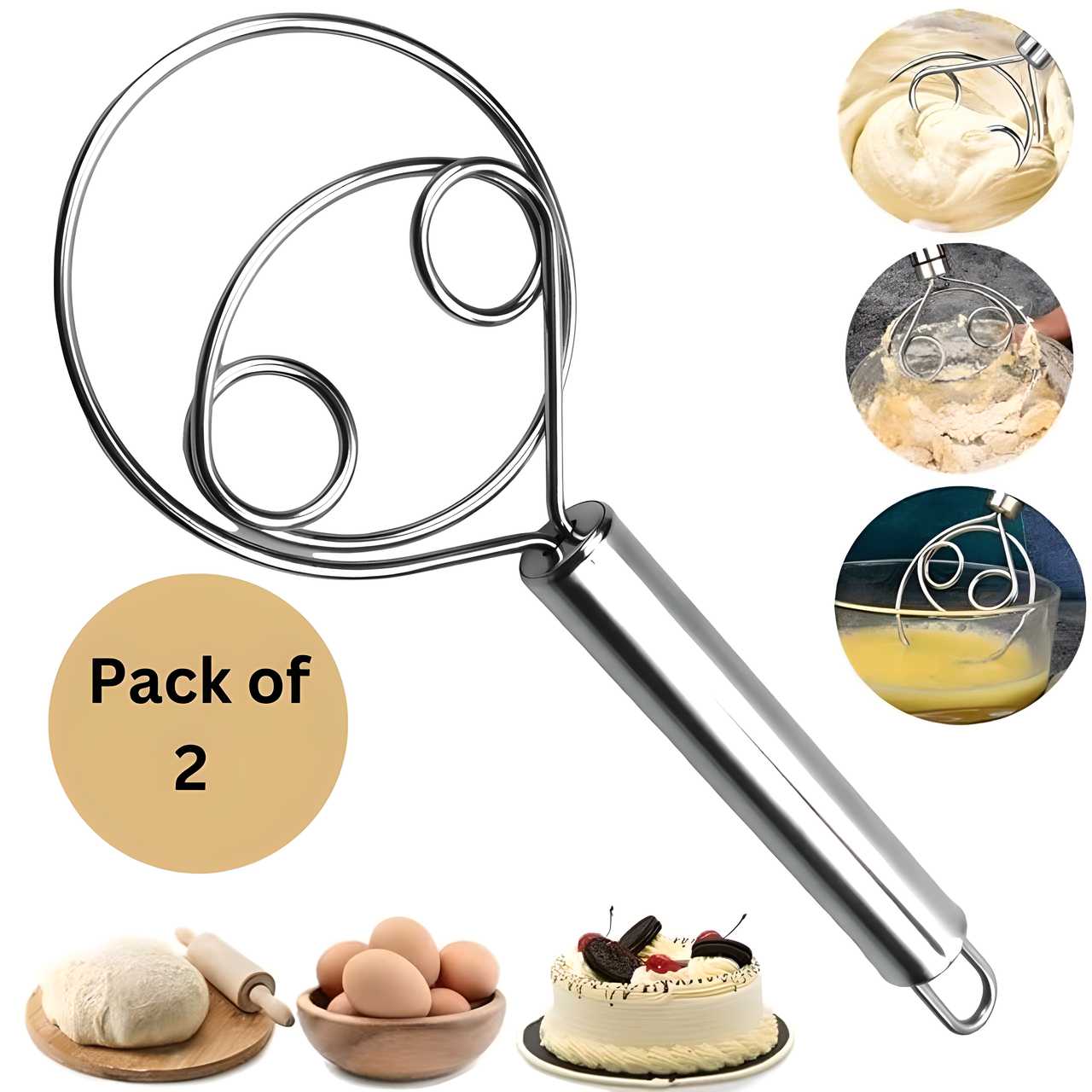 Dishwasher Safe Danish Dough Whisk, Stainless Steel Bread Whisk, Bread Mixer Making Tools  (Pack of 2)